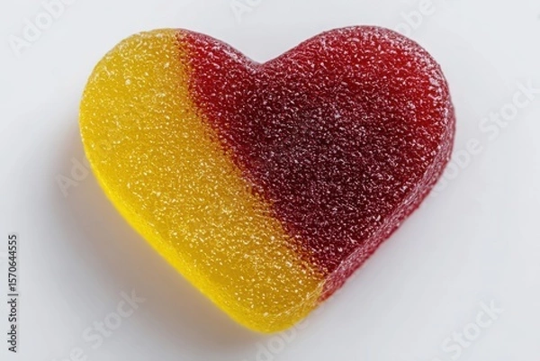 Fototapeta Close up of a heart shaped gummy candy with yellow and red colors on a white background