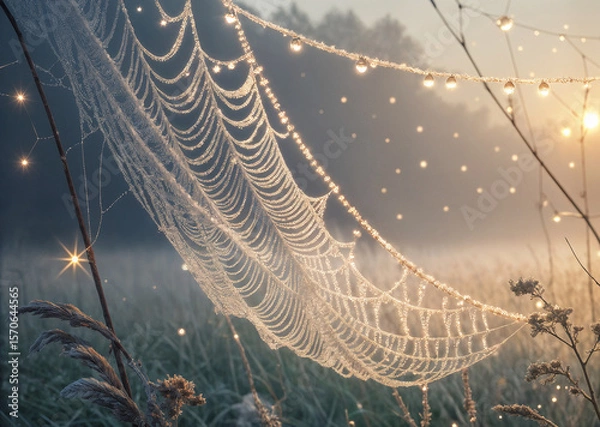 Fototapeta captures a close-up of a spider web glistening with dewdrops on a misty morning, with soft light filtering through the mist in the background.