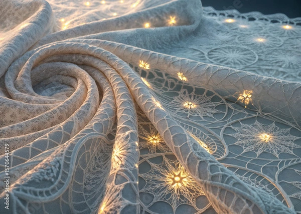 Fototapeta depicts a piece of fabric or clothing with intricate lace patterns. The fabric features a light beige color and is adorned with small, illuminated lights that create a warm and decorative effect. The 