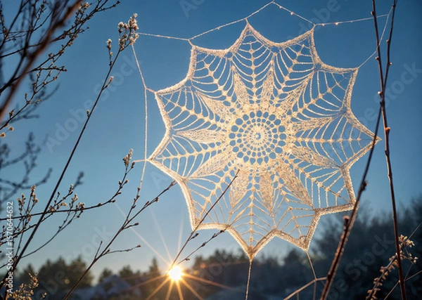 Fototapeta shows a beautiful spider web, illuminated by sunlight, with dew drops or frost hanging from its threads, creating a sparkling effect against the blue sky. The web is set against the backdrop of a suns