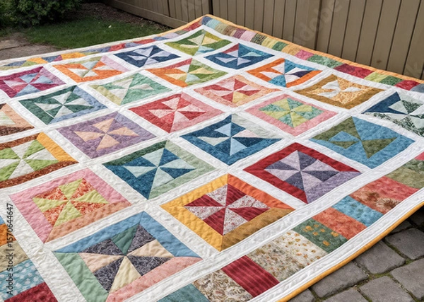 Fototapeta shows a colorful quilt with various geometric patterns, including pinwheels and other shapes, laid out on a paved surface outdoors. The quilt features a range of pastel and vibrant colors, creating a 