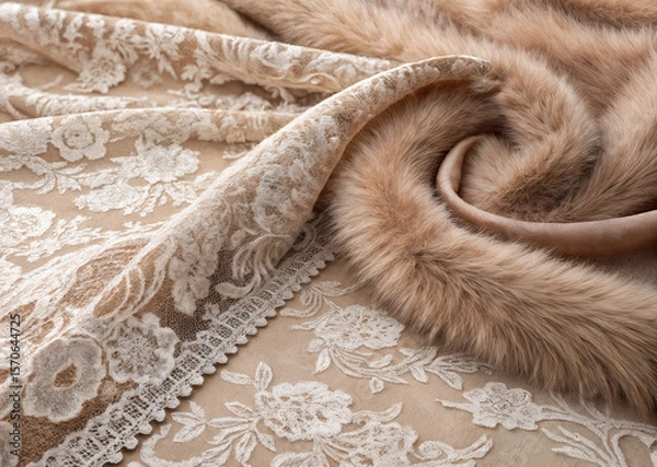 Fototapeta shows a luxurious textile piece featuring a floral lace pattern and a plush, furry fabric. The combination of textures and colors creates a rich and sophisticated appearance.