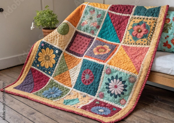 Fototapeta shows a colorful quilt with various patterns and floral designs, draped over a piece of furniture. A potted plant is visible in the background, adding a touch of greenery to the scene.