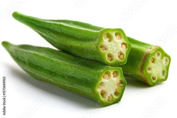 Fototapeta A close up of three okra pods with one cut open to reveal the seeds on a white background