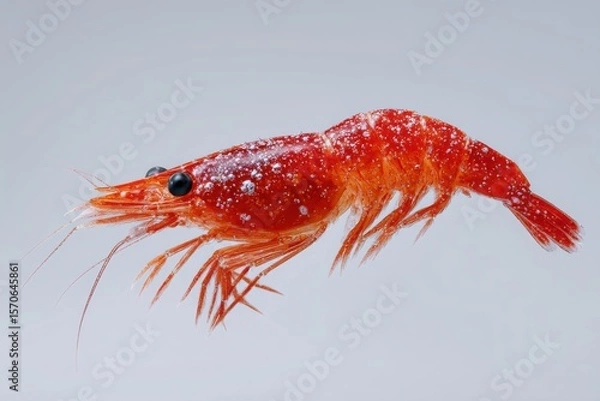 Fototapeta A close up shot of a vibrant red krill with black eyes against a light gray background studio shot