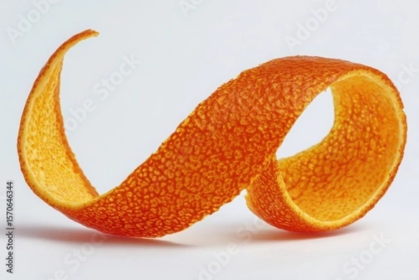 Fototapeta A single orange peel curled on a white surface showing the texture and color of the fruit's rind