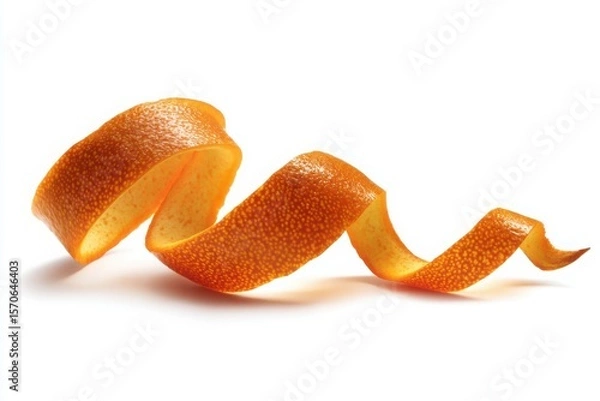 Fototapeta A single orange peel curled on a white surface creating a visually appealing and simple composition