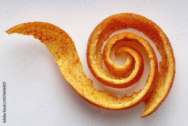 Fototapeta Close up of a spiral orange peel on a white background showing texture and vibrant color detail