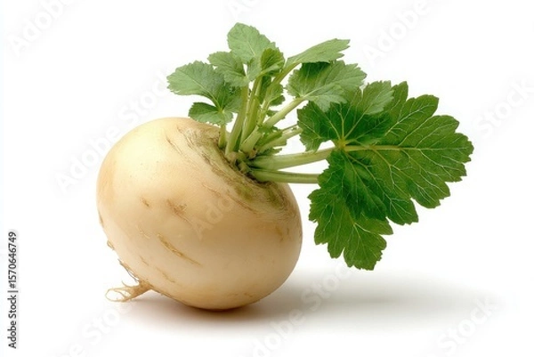 Fototapeta Single turnip with green leaves on a white background in a studio shot for food photography
