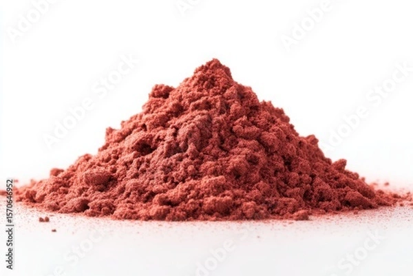 Fototapeta A mound of pinkish red powder against a stark white background in a studio setting close up view