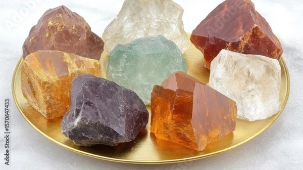 Fototapeta Discover Assorted Mineral Specimens on Gold Plate with Geological Theme