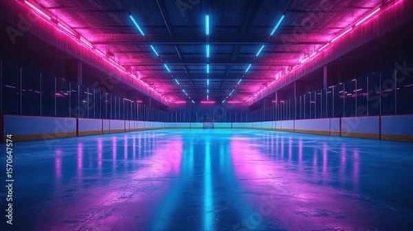 Fototapeta Glide across blue ice arena with neon lights and abstract glow concept