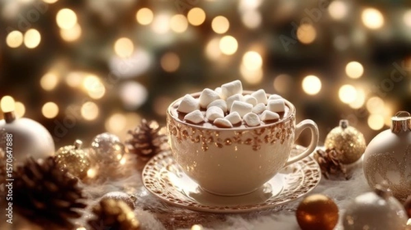 Fototapeta Enjoying A Cup Of Warm Chocolate With Marshmallows In Winter Season And Christmas Theme
