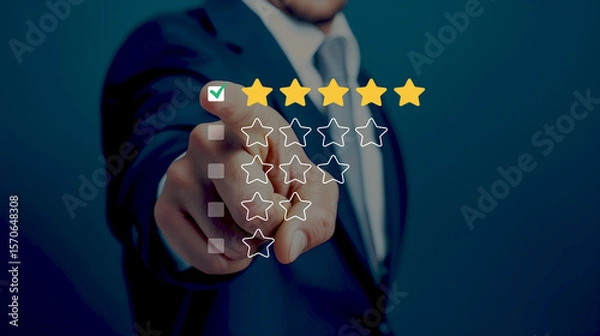 Fototapeta The businessman's finger points to five golden stars, which symbolize excellent customer satisfaction and top performance, along with a professional and confident demeanor.