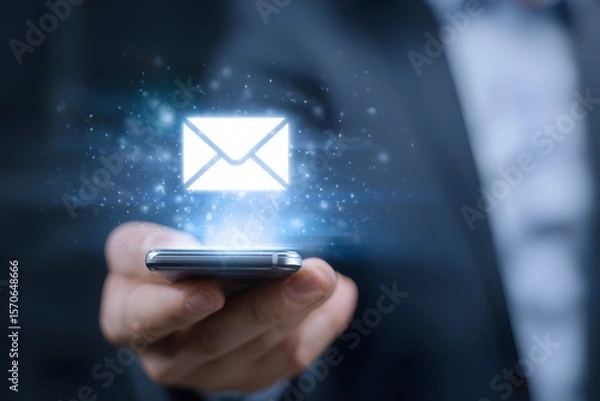Fototapeta A businessman holding a smartphone with a glowing email icon representing digital communication