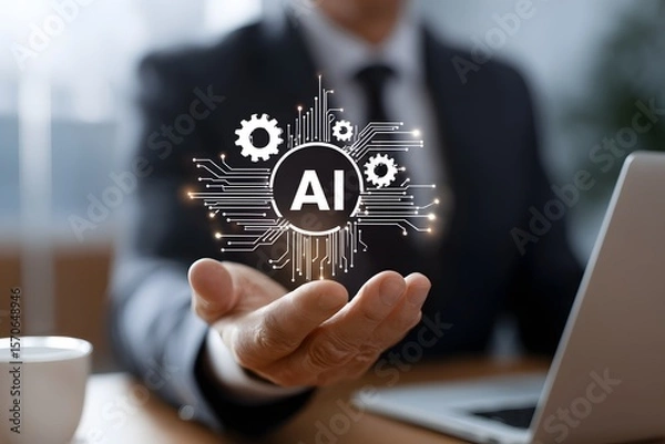 Fototapeta A businessman presenting artificial intelligence symbol with digital gears in hand
