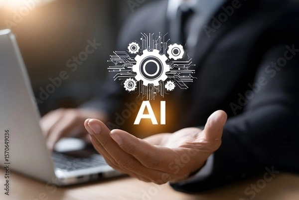 Fototapeta A businessman presenting artificial intelligence symbol with digital gears in hand