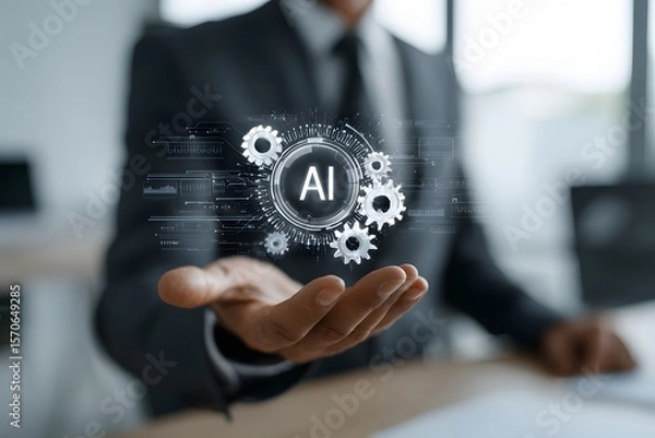 Fototapeta A businessman presenting artificial intelligence symbol with digital gears in hand