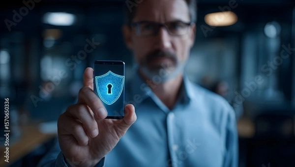 Fototapeta A serious man holding a smartphone with a digital lock shield icon representing mobile cybersecurity and data protection