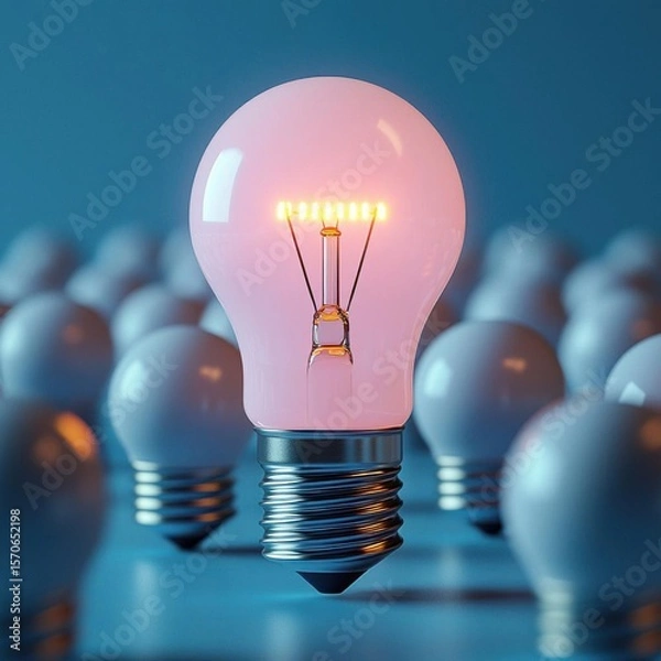 Fototapeta Glowing Lightbulb Stands Out Among Others in New Discovery and Great Ideas