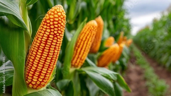 Fototapeta Ripe corn cobs growing in agricultural field