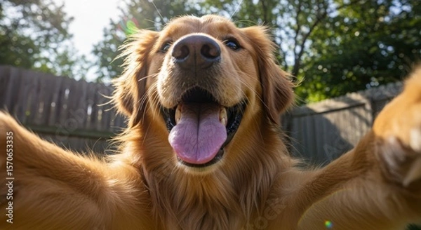 Obraz Playful golden retriever taking selfies in the garden, happy and expressive dog portrait series.