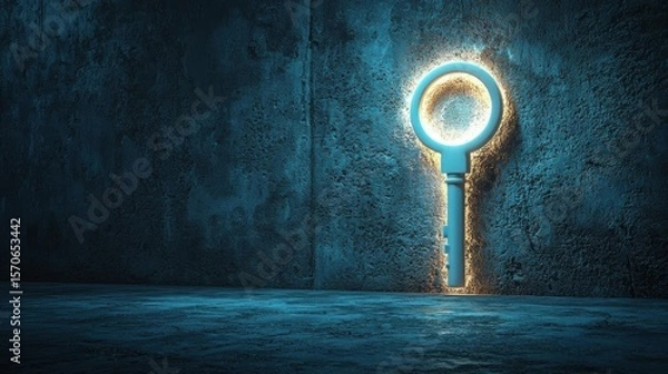 Fototapeta Glowing Key Against a Textured Wall Reveals Hidden Access With Mystery Theme
