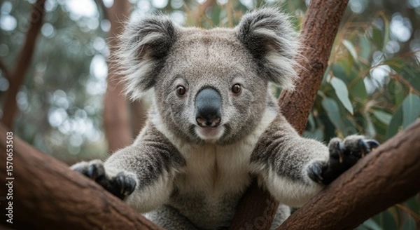 Obraz A cuddly koala bear posing for a selfie while holding onto a tree branch.