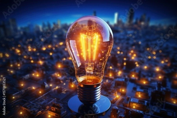 Fototapeta light Bulb Glows with Idea, Innovation, Electrical Solution, And Urban Futuristic Theme.