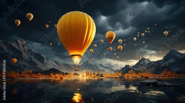Fototapeta Balloons Soar Over Still Water, Reflection Of Sky Theme, Autumn Tone, Scenic Flight