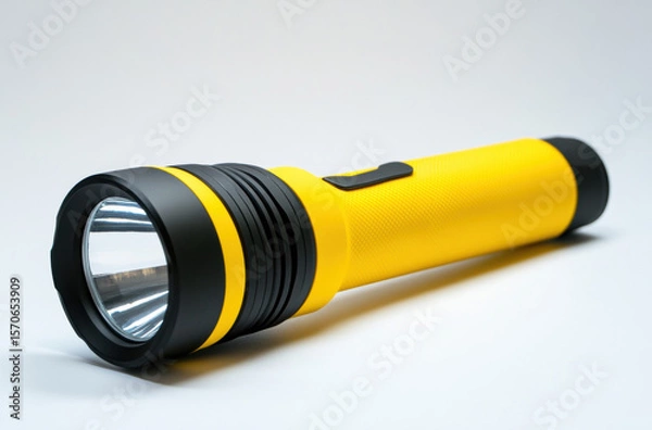 Fototapeta Yellow flashlight on white background with LED and battery-powered light