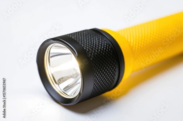 Fototapeta Yellow and black LED flashlight isolated on white background