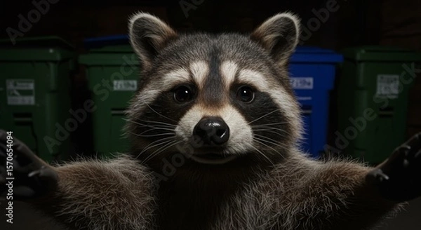 Obraz Two raccoons posing playfully in front of recycling bins, captured in a humorous selfie style.