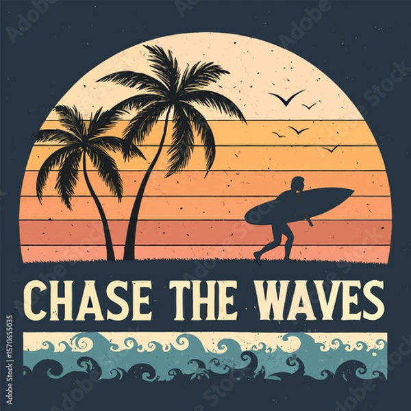 Fototapeta Vintage Retro Surfer Sunset Distressed Grunge Texture with Palm Trees and Silhouette, 'Chase the Waves' Typography for T-Shirt or Poster Design.