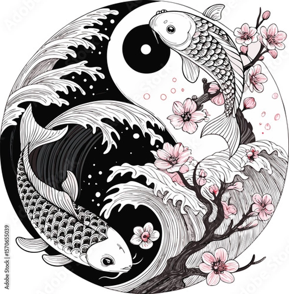 Fototapeta Japanese Koi Fish with Yin-Yang Symbol Traditional Tattoo Style Featuring Waves, Sakura Blossoms, and Intricate Linework in High-Detail Vector Illustration.