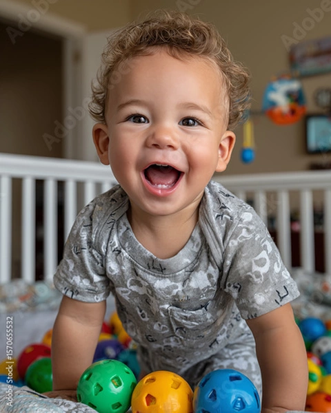 Obraz Portrait of a smiling baby boy playing with toys in the crib