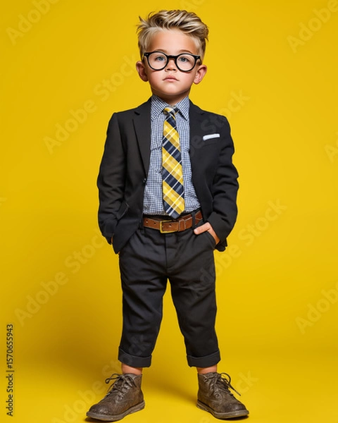 Obraz Portrait of a stylish little boy in a suit and glasses on a yellow background