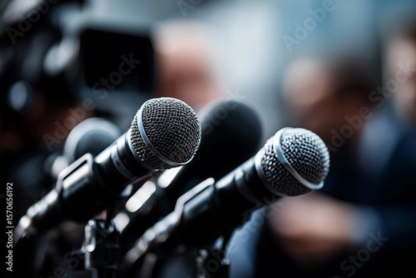 Fototapeta A cinematic realistic photo of multiple microphones held by journalists towards a speaker, labeled with real social media, dramatic lighting, dark color palette, no purple tones, r