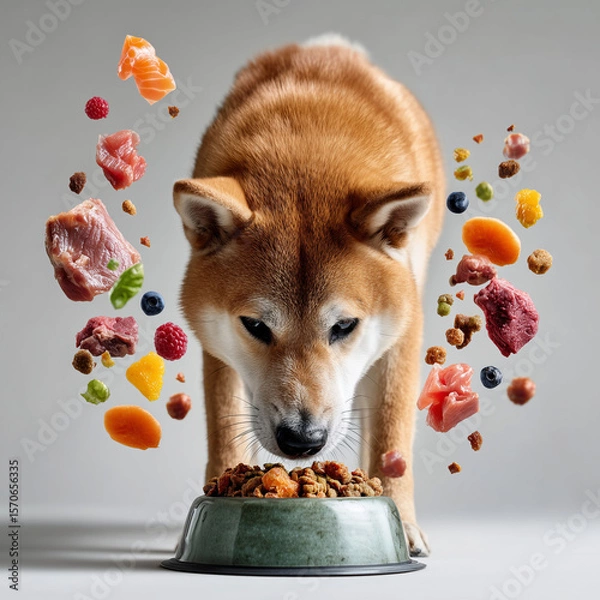 Fototapeta  A hyper-realistic studio photo of a happy Shiba Inu with its head lowered, actively eating dog food directly from a bowl on the floor, mouth near or inside the bowl. The dog is