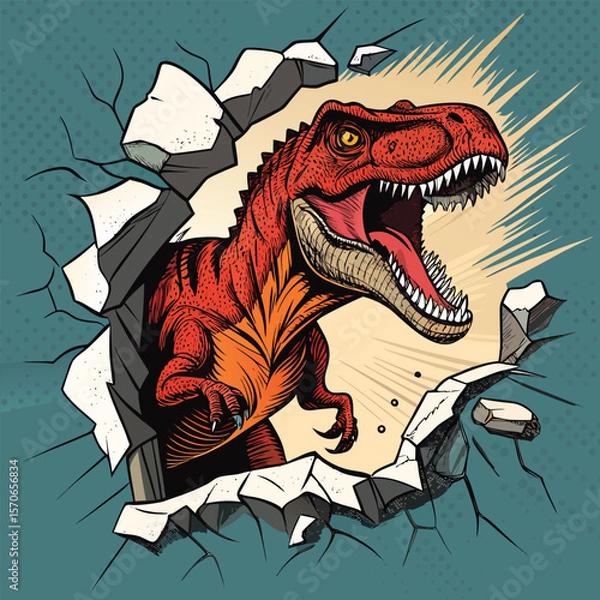 Fototapeta Angry T-Rex Comic Style Dinosaur Bursting Through Torn Paper with Halftone Background, Dynamic Shadows, and Bold Lines for Action Design.