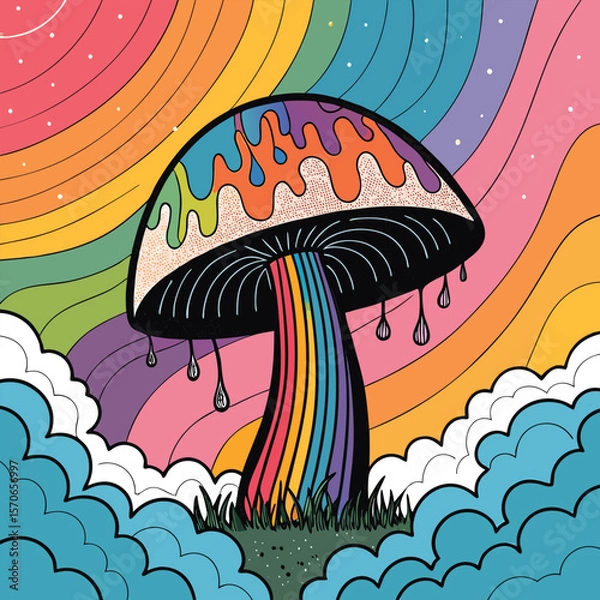 Fototapeta Rainbow Mushroom Bold Black Outline with Swirling Lines, Colorful Clouds, and Trippy.