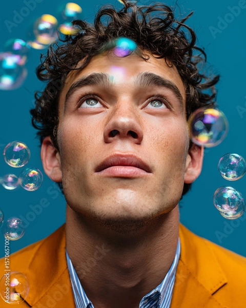 Obraz Portrait of a young man with soap bubbles on blue background.