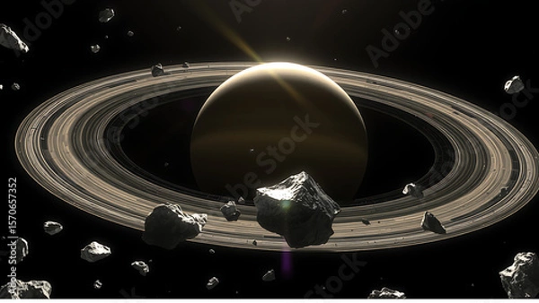 Obraz A view of Saturn's rings—ice masses ranging from pebbles to mountains—through which sunlight filters through.