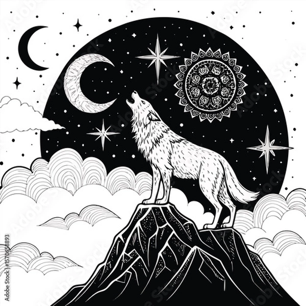 Fototapeta Wolf Howling at Crescent Moon Mountain Scene with Night Clouds and Starburst Mandala Background in Bold Black and White Linework.