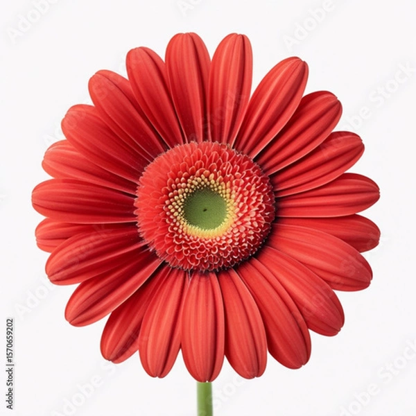 Fototapeta A vibrant red gerbera daisy with a green center on a white background is shown in a close up view created with generated ai