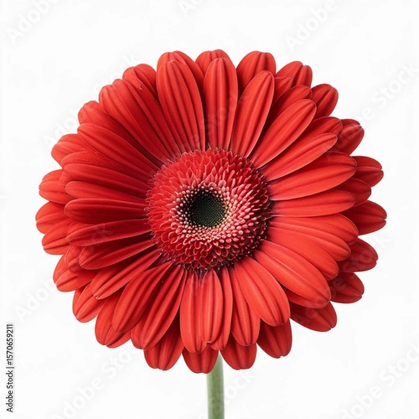 Fototapeta Close up of a vibrant red gerbera daisy with a dark center and green stem on a white background created with generated ai