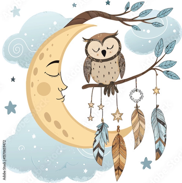 Fototapeta Mystical Crescent Moon with Sleeping Owl Dreamcatcher Feathers, Star Clusters, and Soft Clouds in a Calm, Nighttime Fantasy Illustration.