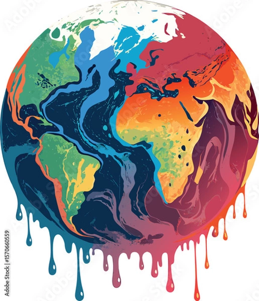 Fototapeta Abstract Illustration of a Melting Planet Earth with Vivid Colors Dripping Like Paint Symbolic Concept of Climate Change in a Bold, Modern Art Style.