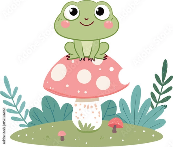 Fototapeta Cute Oversized Frog Sitting on a Mushroom in a Whimsical Garden Flat Kawaii Style Illustration with Playful and Adorable Vibes.