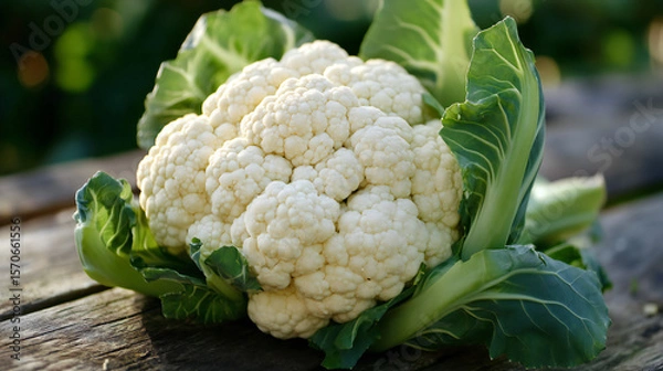 Fototapeta Fresh Cauliflower Head with Green Leaves on Rustic Wooden Surface